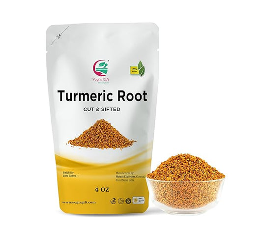 Turmeric root 4 oz | Cut and Sifted Dried Turmeric Pieces | Flavourful Indian Spice | Make Healthy Teas, Smoothies and Lattes | Curcuma longa | 100% Pure and Natural | by Yogi’s Gift®
