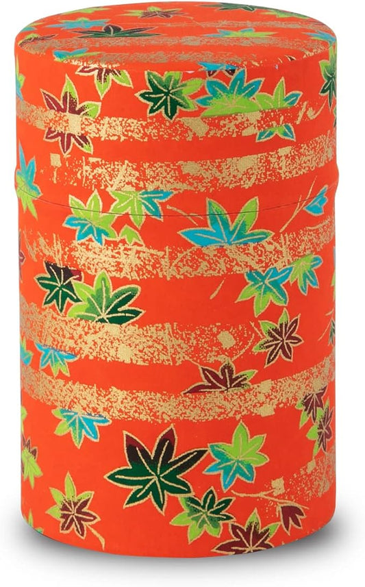 NOREN Japanese Tea Canister Tin (Yuzen Washi Paper), 3.5oz Size Made in JAPAN with Includes Inner Lid of Airtight Damp-Proof/Kitchen Jar for Loose Leaf Coffee Tea (Autumn leaves/Red)