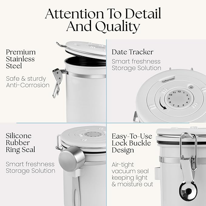 Mixpresso 16 Oz White Coffee Canister, Stainless Steel Airtight Coffee Container, Air tight Jar Tea Storage with Date Tracker, Vacuum Sealed Espresso Airtight Canister, Sugar Container for Home