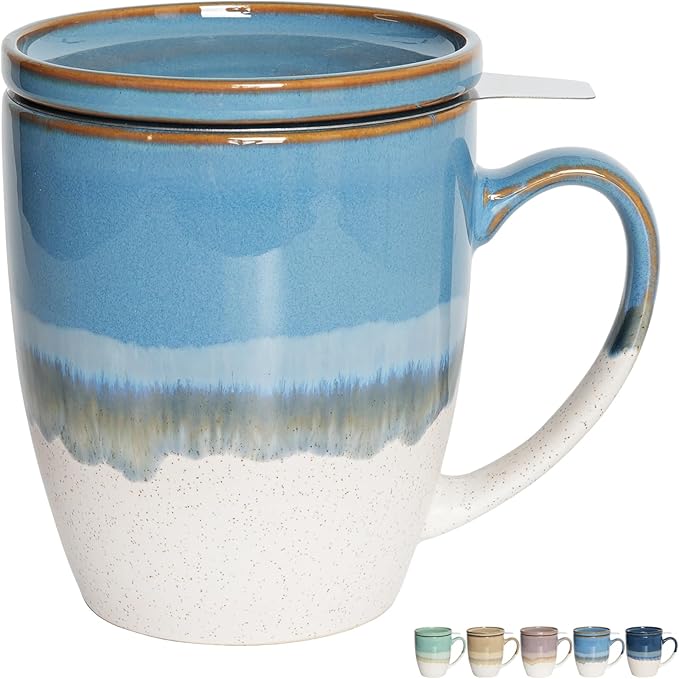 Bosmarlin Ceramic Tea Cup with Infuser and Lid, 16 Oz, 5 Colors to Choose, Dishwasher and Microwave Safe, Reactive Glaze, Steeping Tea Mug with Strainer (Blue)