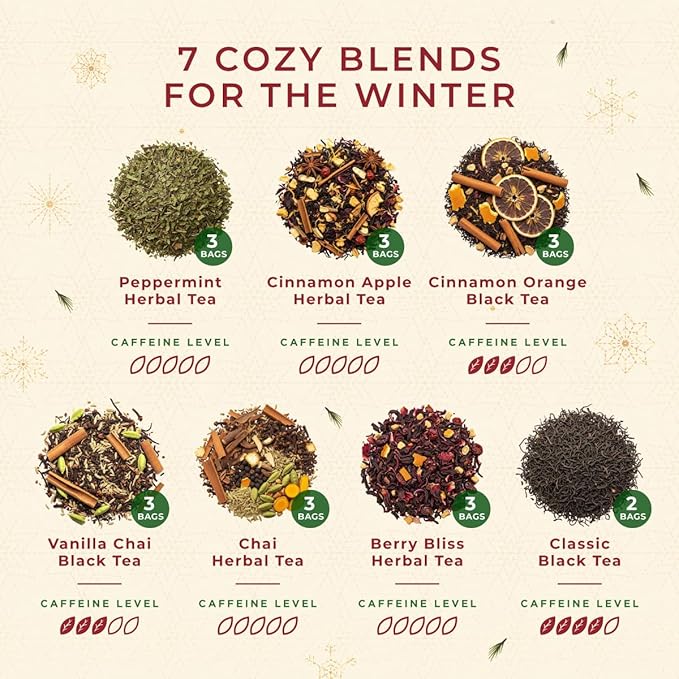 Gya Tea Co Christmas Assorted Tea Bags Variety Pack - 20 Bags 7 Seasonal Flavors - Caffeinated & Caffeine Free Holiday Tea Sampler Gift Set Box - Easy Brew, Natural Ingredients, Enjoy Hot or Iced