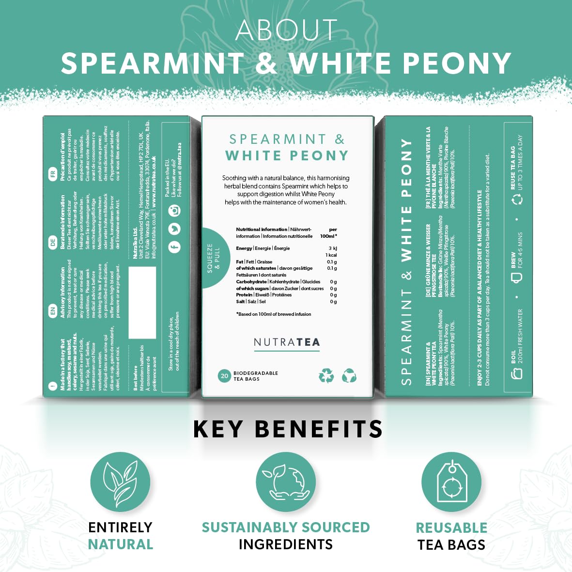 Nutra Tea - Spearmint &amp; White Peony – Spearmint Tea, PCOS Tea - For Digestion, Women's Health &amp; Acne - 20 Individually Wrapped Bags - Herbal Infusion (1 Pack)