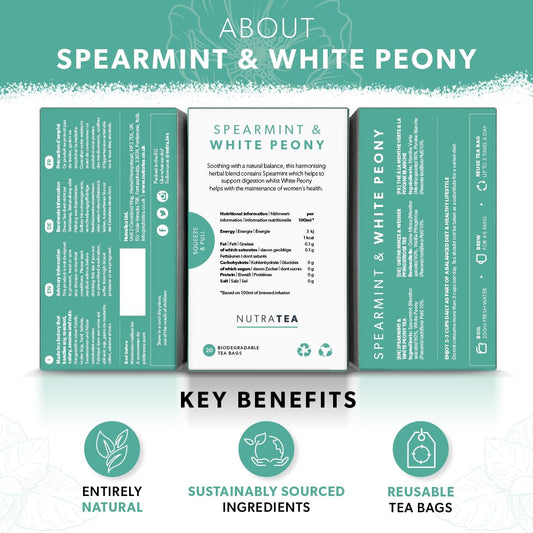 Nutra Tea - Spearmint &amp; White Peony – Spearmint Tea, PCOS Tea - For Digestion, Women's Health &amp; Acne - 20 Individually Wrapped Bags - Herbal Infusion (1 Pack)