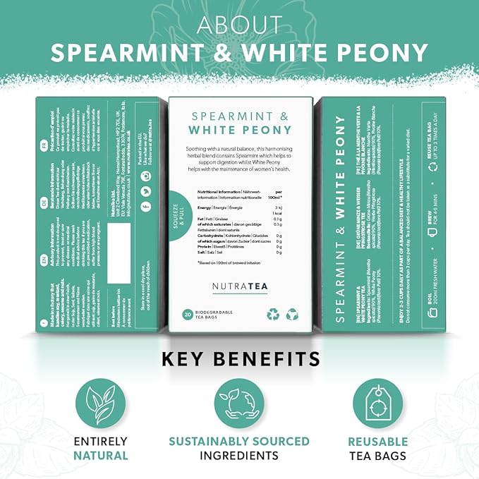 Nutra Tea Spearmint & White Peony Herbal Tea – 20 Individually Wrapped Bags