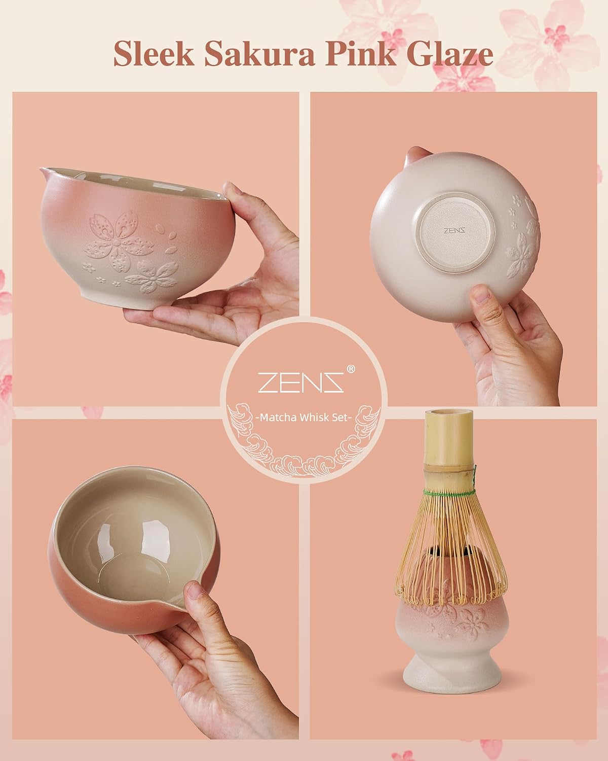 ZENS Premium Matcha Whisk Set, 6pcs Matcha Kit with Matcha Tools, Pink