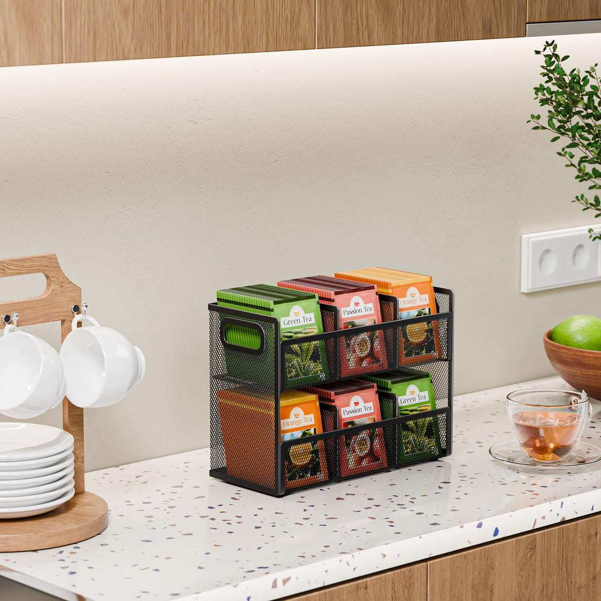 Volmop 2 Tier Tea Bag Organizer, Mesh Tea Bag Holder with Handle, Teabag Holder, Tea Station Organizer for Countertop