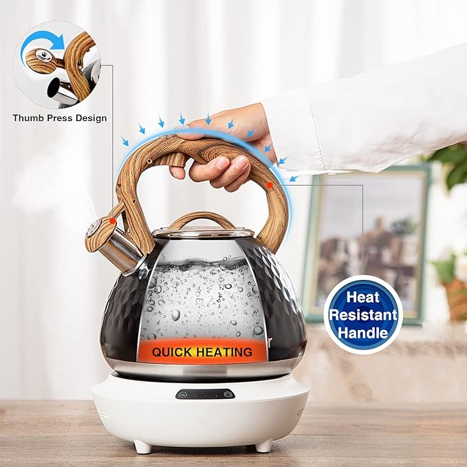 Tea Kettle, Toptier Teapot Whistling Kettle with Wood Pattern Handle Loud Whistle
