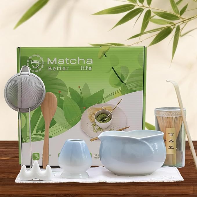 8 Pcs Matcha Whisk Set Chasen Matcha Whisk Bamboo Bowl with Spout Sifter Spoon Scoop Whisk Holder Ba