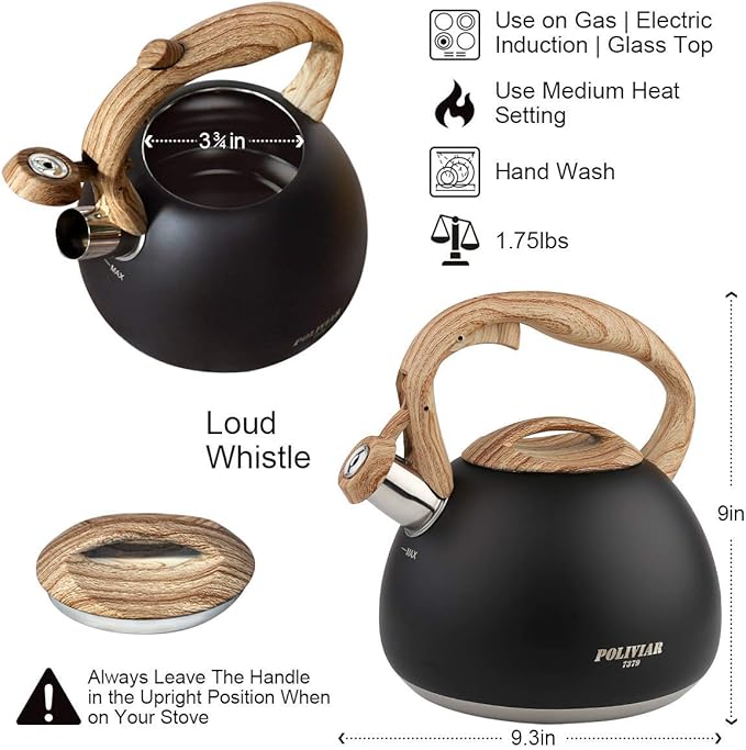 Poliviar Tea Kettle, Black Ti Stovetop Tea Kettle 2.7 Quart, Audible Whistling Teapot, Food Grade Stainless Steel for Anti-Rust and Anti Hot Handle