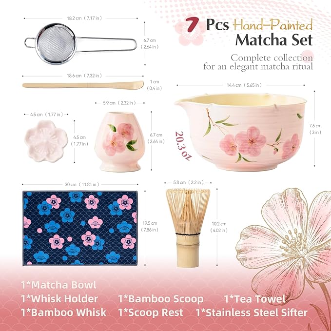 Matcha Whisk Set, 7Pcs Matcha Set with Hand-Painted Ceramic Matcha Bowl, Matcha Whisk and Holder, Scoop and Rest, Sifter, Tea Towel, Artisan Matcha Kit for Ceremony & Gifting (Pink)