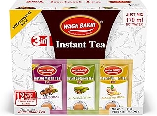 Wagh Bakri Instant Tea Premix, Masala, Cardamom & Ginger - 4 Sachets Each, Total 12 Sachet [International Pack]