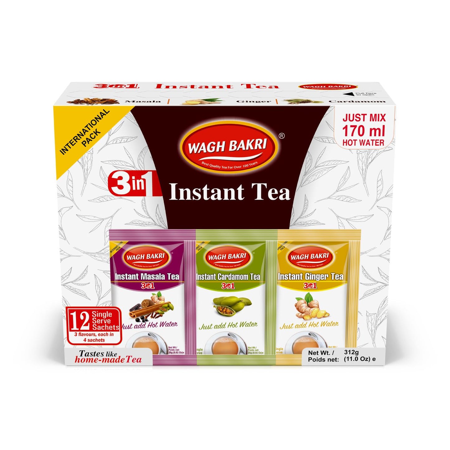 Wagh Bakri Instant Tea Premix, Masala, Cardamom & Ginger - 4 Sachets Each, Total 12 Sachet [International Pack]