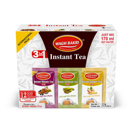 Wagh Bakri Instant Tea Premix, Masala, Cardamom & Ginger - 4 Sachets Each, Total 12 Sachet [International Pack]