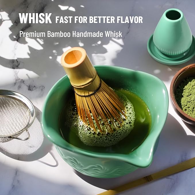 Green Matcha Whisk Set: Ceramic Matcha Set for Frothy Tea Ceremony Bowl & Whisk for Your Morning Ritual, Gift for Tea Lovers & Beginners