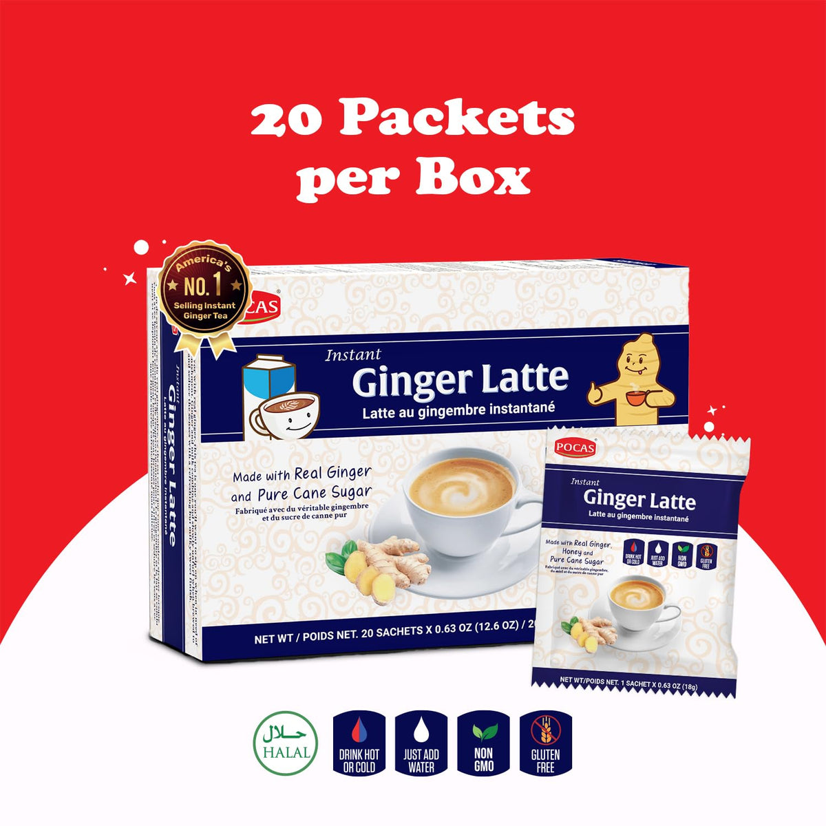 Pocas Ginger Latte Instant Tea 2-Pack, Ginger Extract Blended with Non-Dairy Creamer, Pure Cane Sugar, and Real Milk, 20 Packets per Box