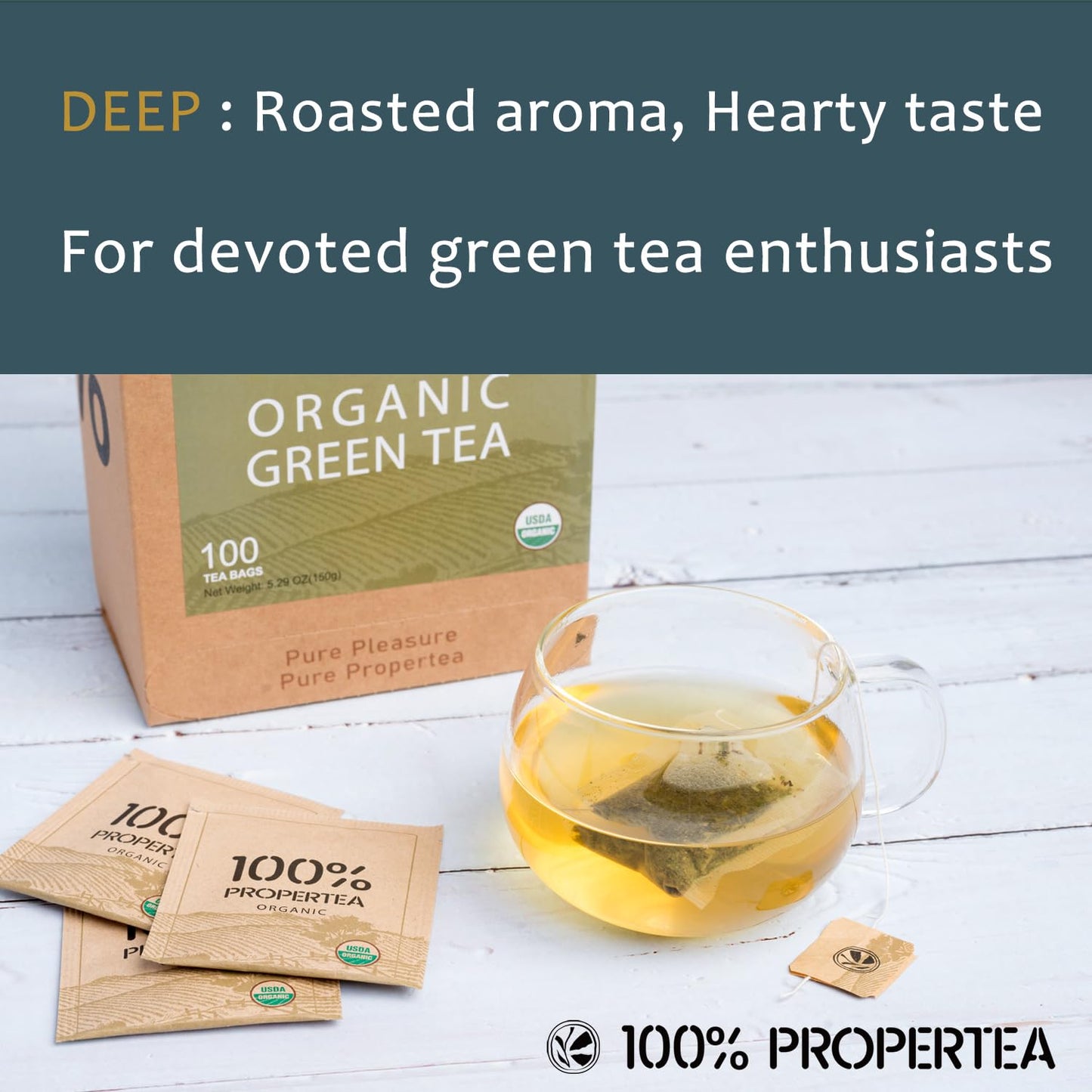 100% Propertea Organic Green Tea Bags,100 Count, Individually Wrapped, Rich in AntioxidantsHot or Iced,Unsweetened,Caffeinated,Deep Taste