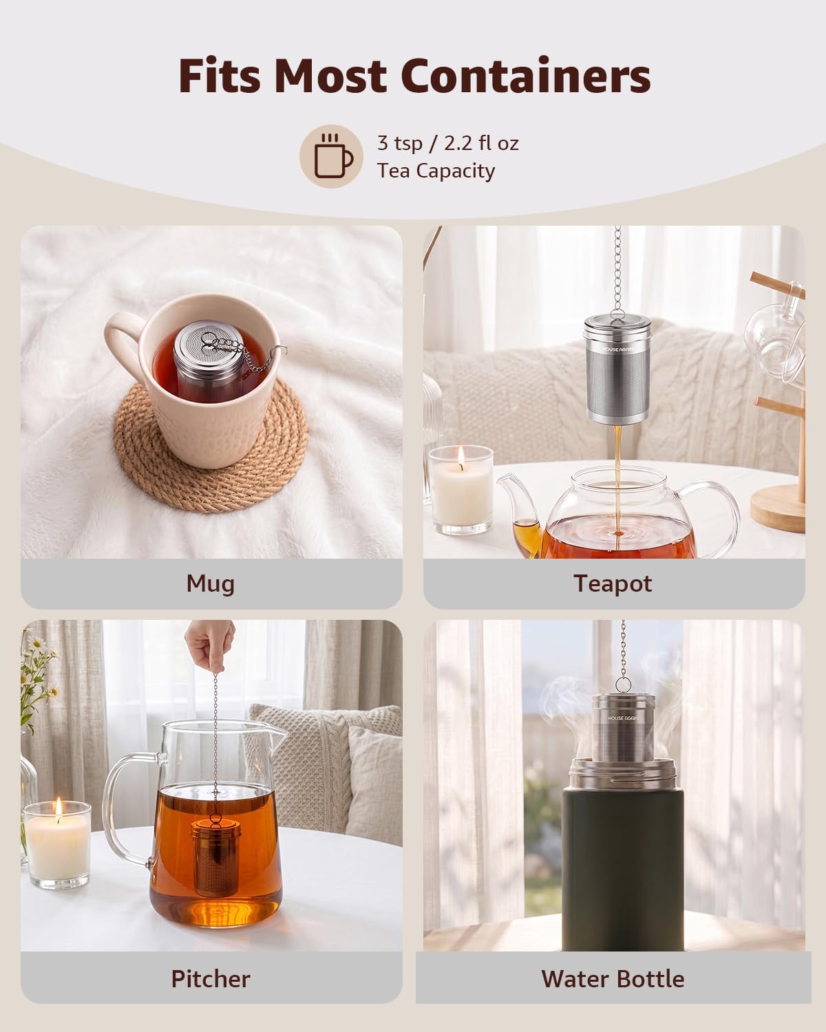 HOUSE AGAIN Tea Infuser, Extra Fine Mesh Tea Infusers for Loose Tea, 18/8 Stainless Steel Tea Strainer with Extended Chain Hook, Tea Steeper for Brew Tea, Spices &amp; Seasonings Small × 2