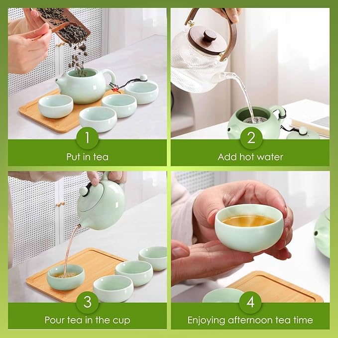 Flexzion Chinese Japanese Vintage Kungfu Gongfu Tea Set Portable Travel Teapot, (Jade Green Celadon/Greenware) Porcelain Ceramic Tea Pot, 4 Tea Cup, Bamboo Tea Tray, Tea Mat, Portable Travel Bag