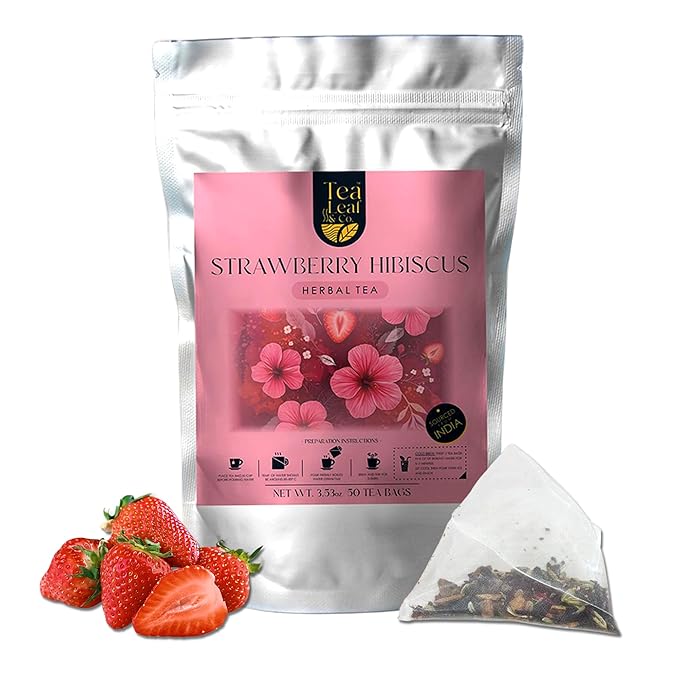 Tealeaf & Co. Strawberry Hibiscus Tea Bags Blended with Fresh Herbs and Spices - Herbal Tea Bags with Organic Spices