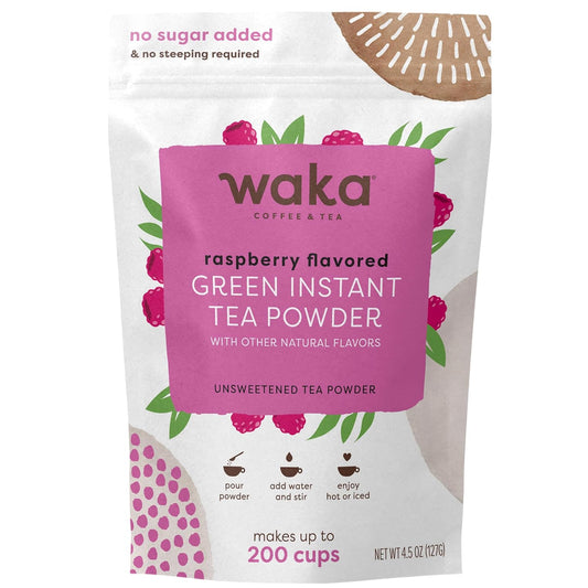 Waka Instant Green Tea Mix, Raspberry Flavored, Sugar-Free, 4.5 oz | Naturally Flavored, Unsweetened Concentrated Green Tea Powder, Makes up to 200 Hot or Iced Cups