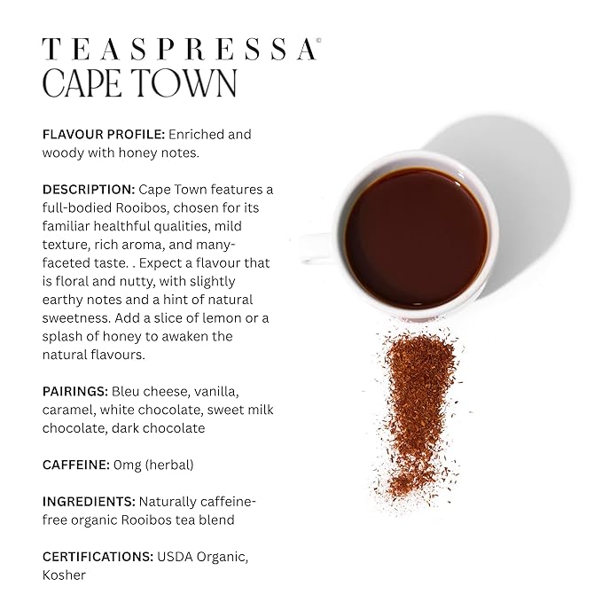 Teaspressa Organic Rooibos Cape Town Herbal Tea – Brews Like Espresso - Bold, Rich, Full-Bodied - Caffeine Free - Make Tea Lattes at Home - Vegan & Gluten-Free - Barista-Quality - Makes 30 Cups - Great Gift Idea