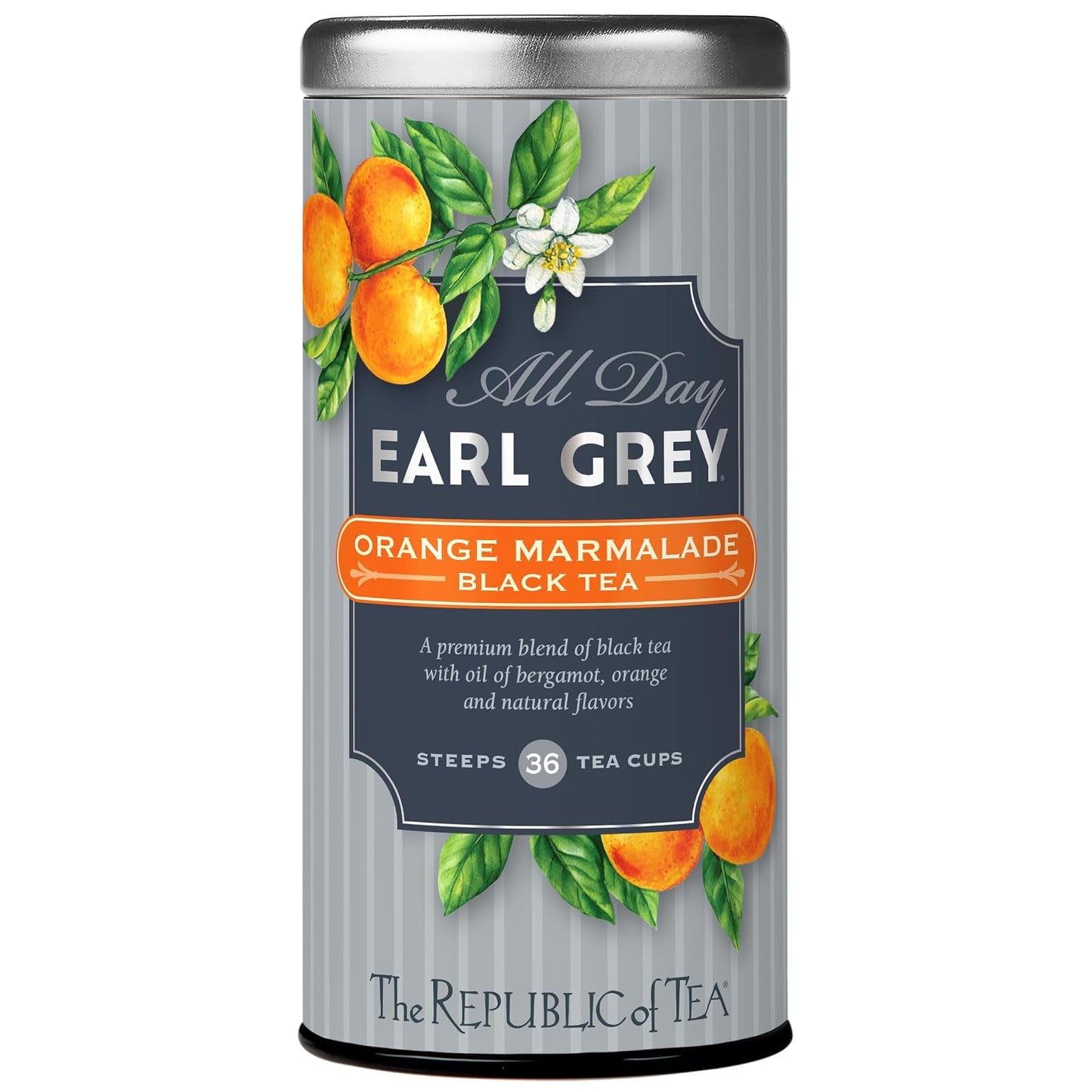 The Republic of Tea All Day Earl Grey Orange Marmalade Black Tea, 36 Count | Naturally Caffeinated. Made for morning or afternoon. Brisk and full-bodied with notes of lively citrus and bright bergamot.