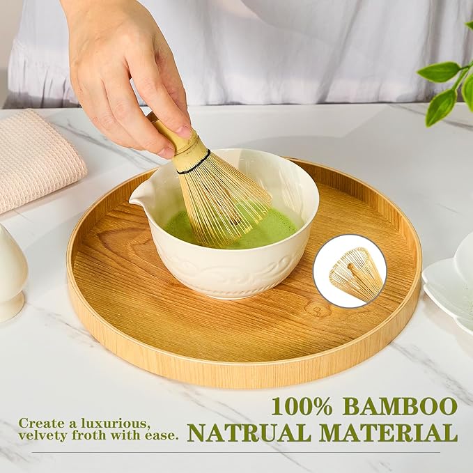 Matcha Whisk Set, Ceramic Matcha Set Kit, 7 Pcs Includes Bowl, Whisk and Holder, Bamboo Scoop, Scoop Rest, Strainer and Tea Towel （Freedom White）