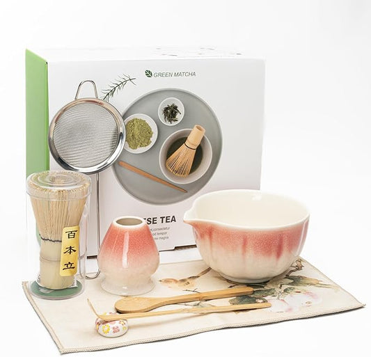 Matcha Whisk Set, Matcha Bowl with Spout, 8PCS Macha kit, Matcha Whisk and Bowl, Chasen, Bamboo Scoop, Scoop Rest, Sifter and Tea Towel