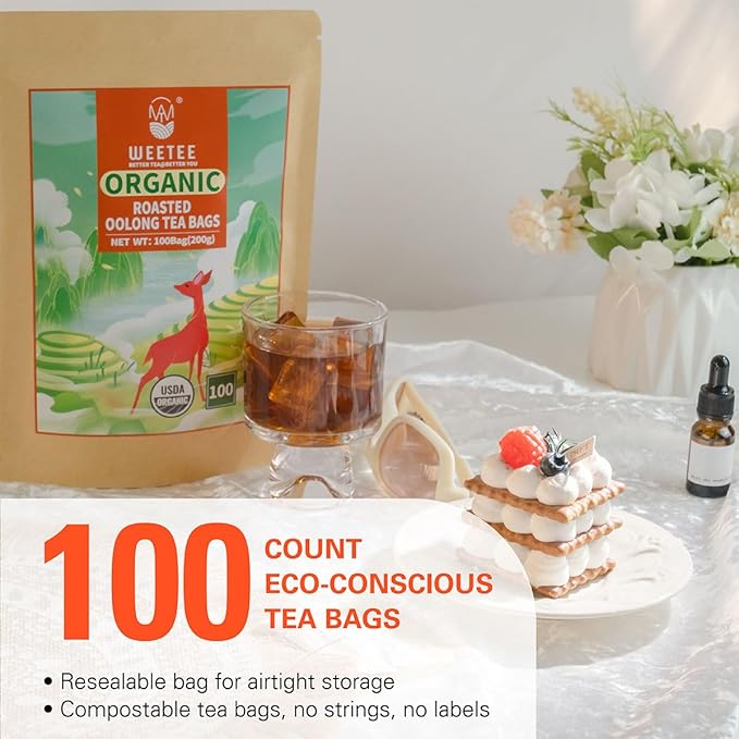 WT WEETEE Organic Roasted Oolong Tea Bags, Organic Black Oolong Tea 100 Count, Charcoal-roasted Aroma, Smooth & Refreshing, Good for Meal Accompaniment