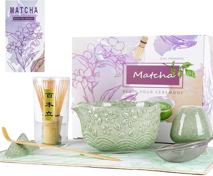 Matcha Whisk Set, Matcha Set 7 Pcs, Ceramic Matcha Bowl with Spout, Bamboo Chasen Whisk & Holder, Sc