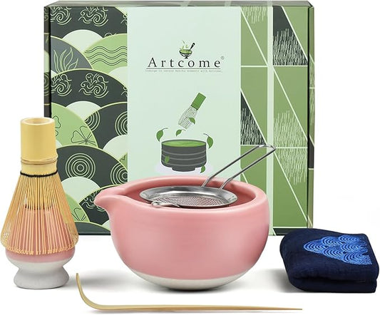 Artcome 7 Pcs Complete Matcha Ceremony Kit for Tea Ceremony, Bowl with Pouring Spout, Whisk, Tea Scoop, Matcha Powder Strainer, Matcha Tea Set For Making Usucha, Koicha and Matcha Latte (Pink)
