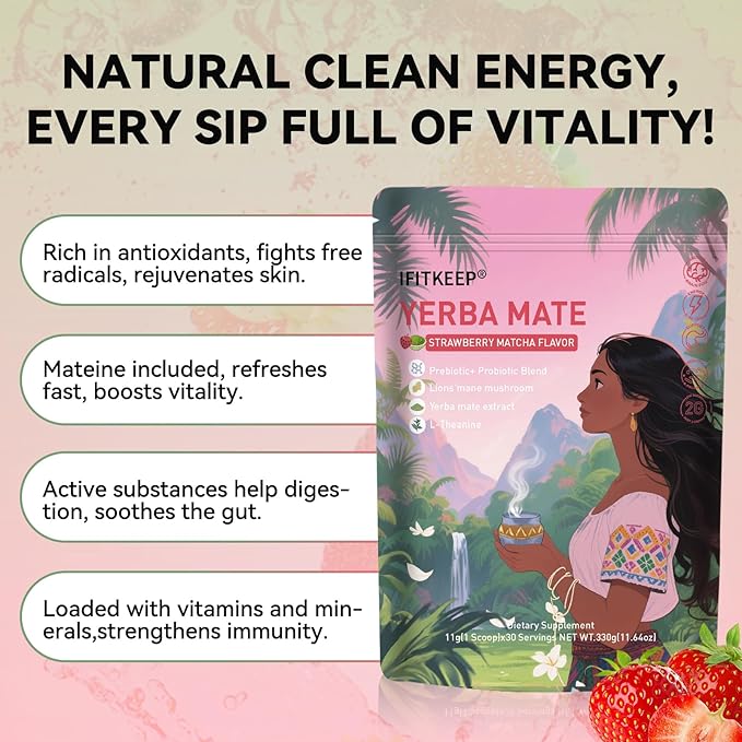 IFITKEEP Yerba Mate Strawberry Matcha Flavor - Super Yerba Instant Tea Powder, Lion’s Mane,Prebiotic & Probiotic Mix,Supports Energy, Focus and Gut Health 30 Servings.