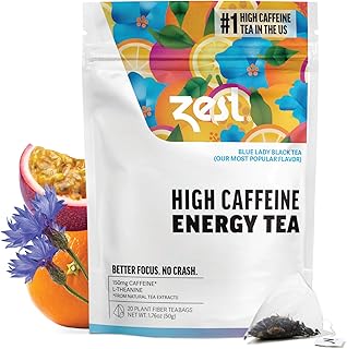 Zest Energy Tea Bags – Blue Lady Passion Fruit Black Tea – High Caffeine Tea for Morning Energy, Focus & Clarity – Natural Caffeinated Tea with 150mg Caffeine – 20Ct Pack – Non-GMO & Keto Friendly