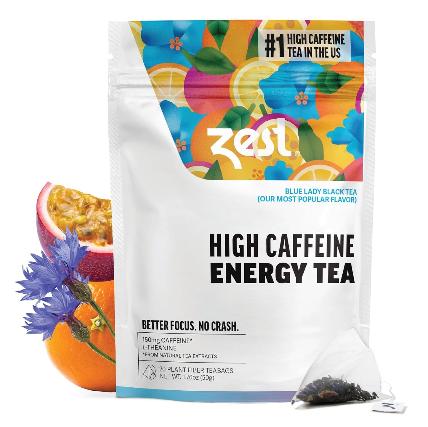 Zest Energy Tea Bags – Blue Lady Passion Fruit Black Tea – High Caffeine Tea for Morning Energy, Focus &amp; Clarity – Natural Caffeinated Tea with 150mg Caffeine – 20Ct Pack – Non-GMO &amp; Keto Friendly