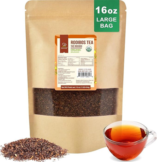 Soeos Organic Red Rooibos Loose Leaf Tea, 16 Ounce (1LB), Naturally Caffeine-Free Herbal Tea, USDA and Non-GMO Certified, Gluten Free, Keto Friendly