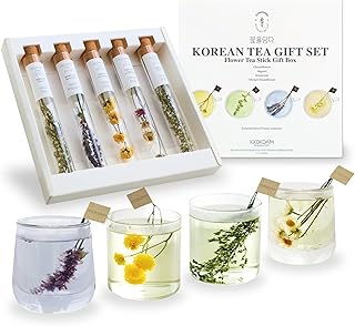 KKOKDAM Premium Flower Korean Tea Stick Gift Set - 5 Handcrafted Blooming Herbal Tea Variety Pack in Glass Tubes, Caffeine-Free Women & Mom Gift Box