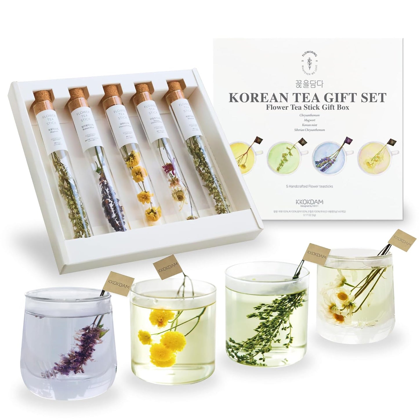 Kkokdam Premium Flower Korean Tea Stick Gift Set - 5 Handcrafted Blooming Herbal Tea Variety Pack in Glass Tubes, Caffeine-Free Women & Mom Gift Box