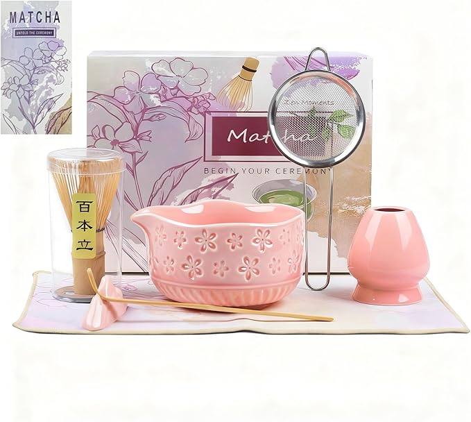 Matcha Whisk Set––7pcs Japanese Matcha Set Kit with Matcha Bowl, Bamboo Whisk, Whisk Holder, Scoop, 