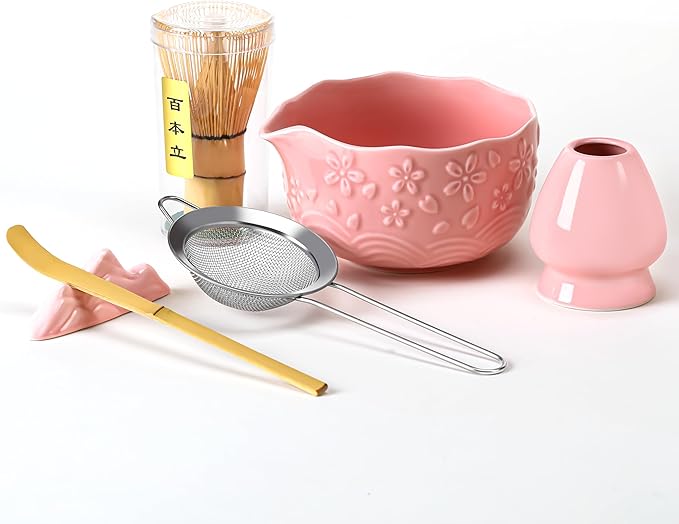 Matcha Whisk Set - 6Pcs Matcha kit matcha set Includes Ceramic Matcha Bowl Bamboo Matcha Whisk+ Holder, Bamboo Scoop& Scoop Holder, and Stainless Steel Sifter matcha set kit for Matcha Lovers (Pink)