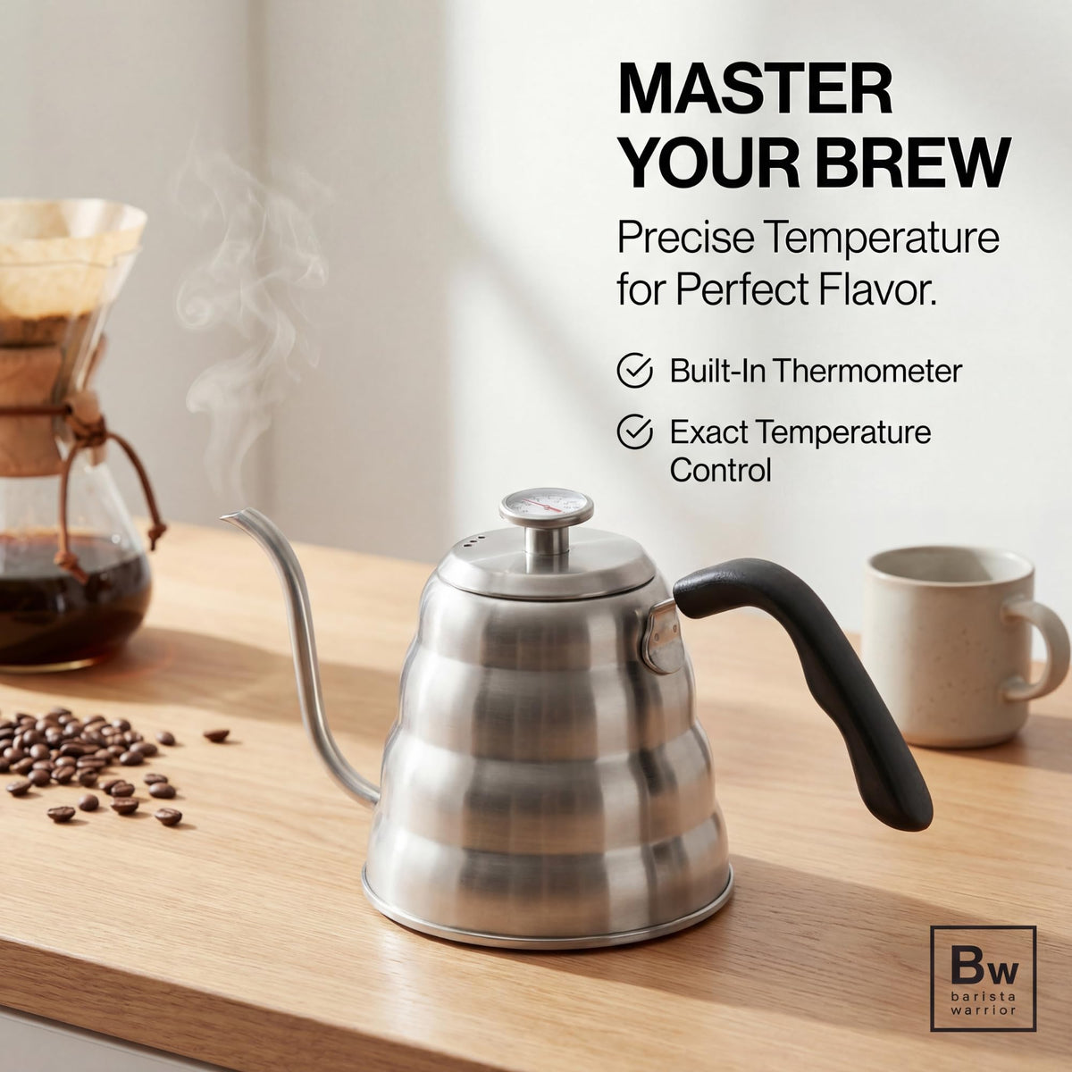 Barista Warrior Gooseneck Kettle, 1.2L Pour Over Kettle, Silver