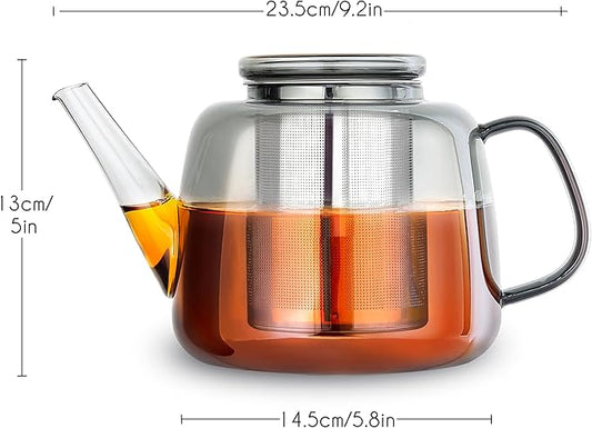 Easyworkz Borosilicate Glass Teapot 50oz with Large Stainless Steel Removable Loose Tea Infuser for Fruit Herbal and Infusion, Smoke Grey