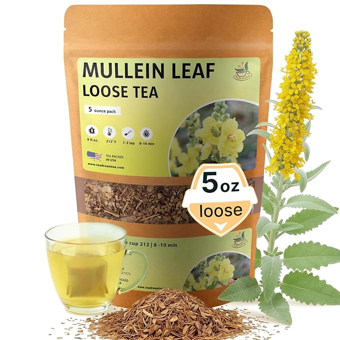 TeaDreamTea Dried Mullein Herbal Tea - Natural Mullein Flowers 5 fl.OZ Loose Tea - Caffeine-free - Pure Natural Premium Mullein Leaf - Mullein Herbal Teas with Cleanse Detox & Respiratory Support Effect