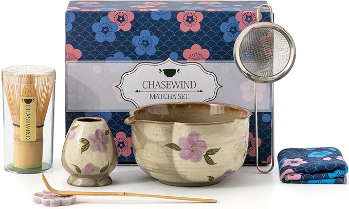 Matcha Whisk Set, 7Pcs Matcha Set with Hand-Painted Ceramic Matcha Bowl, Matcha Whisk and Holder, Sc