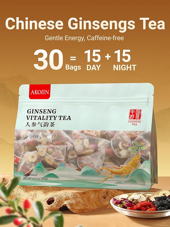 Ginseng Six Treasures Tea - 30 Bags (15 Day + 15 Night), The Daily Glow Duo: Energy & Beauty Tea, Caffeine-Free