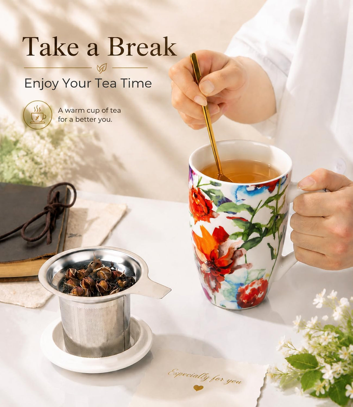 GBhome Tea Mug with Infuser and Lid,18 oz Loose Leaf Tea Cup with Steeper