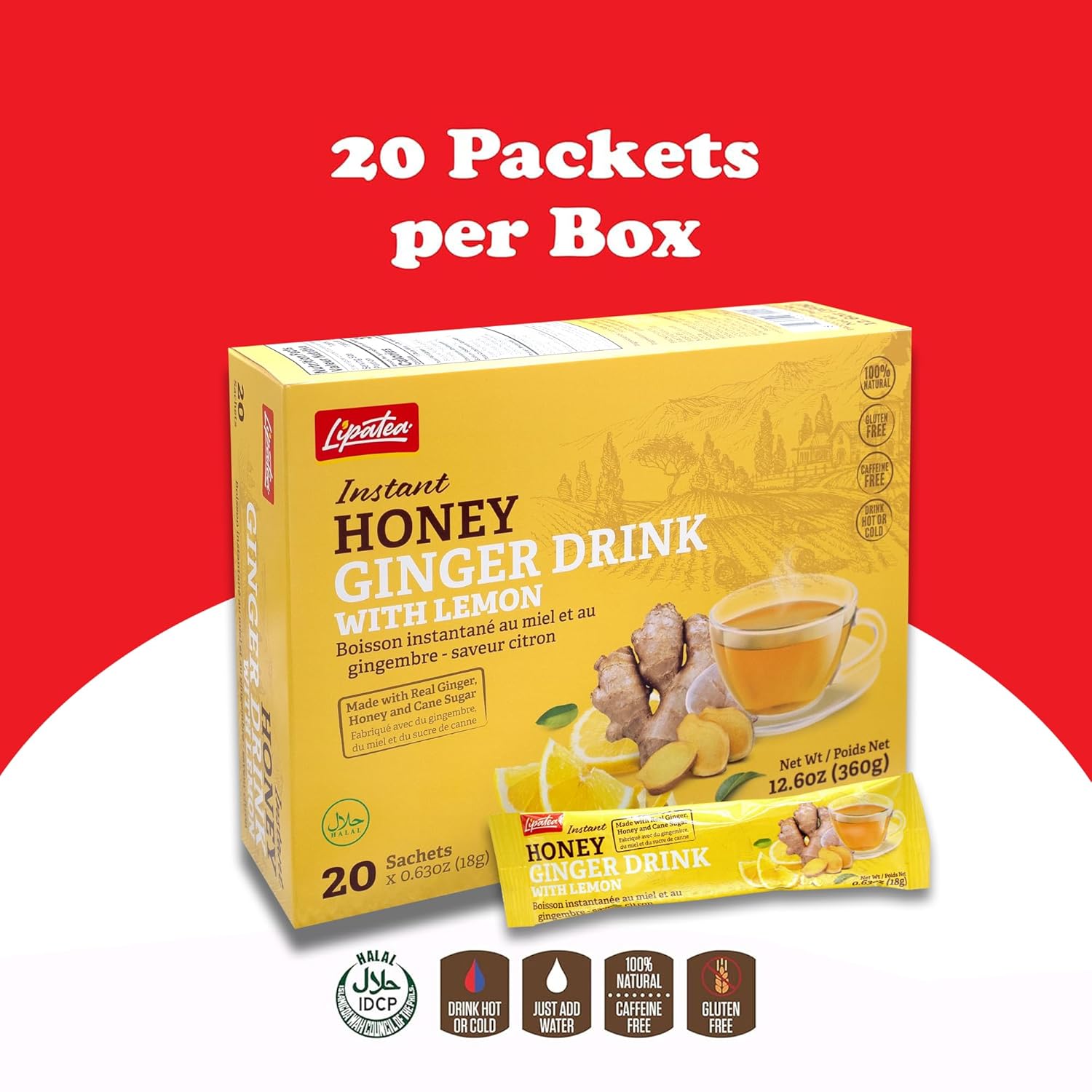 Lipatea Instant Honey Ginger Drink with Lemon, Caffeine Free Tea, Gluten Free, 100% Natural Lemon tea | Enjoy Hot or Cold (Pack of 1)