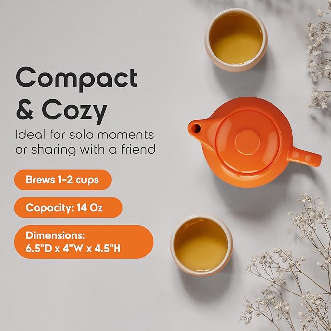 OmniWare 14 Oz Stoneware Teapot with Stainless Steel Mesh Infuser (Orange) - Microwave & Dishwasher Safe, Removable Infuser