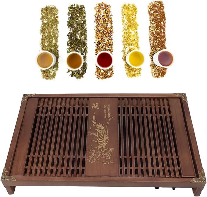 11.0X16.9in Gongfu Tea Tray, Drainage Water Storage Orchid Pattern Wooden Tea Serving Tray