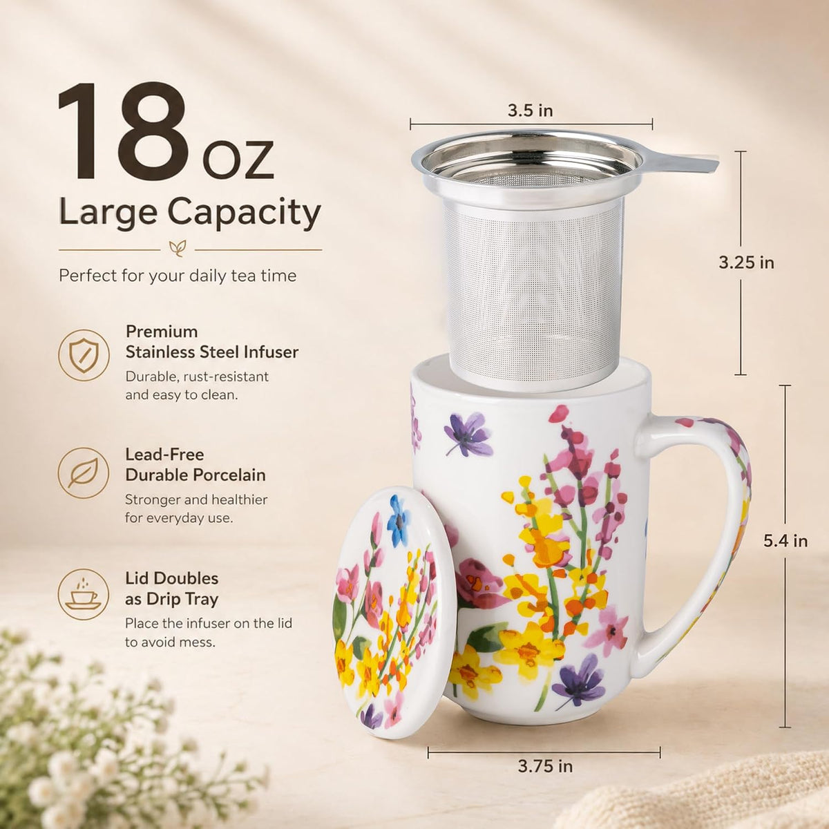 GBhome Tea Mug with Infuser and Lid,18 oz Loose Leaf Tea Cup with Steeper