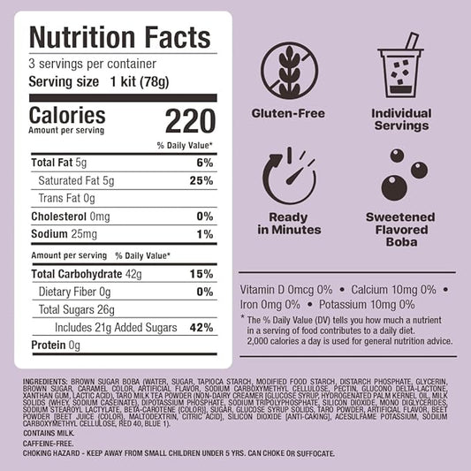 YULU FOODS Instant Bubble Pearl Taro Milk Tea Kit with Authentic Brown Sugar Tapioca Pearls - Ready in Under One Minute, Paper Straws Included – 3 Servings.